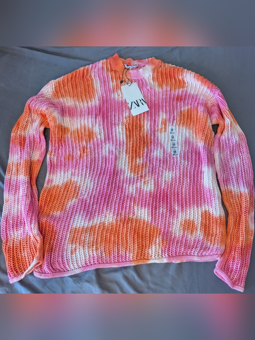 ZARA Pink & Orange Tie-Dye Open Knit Sweater - Men's M